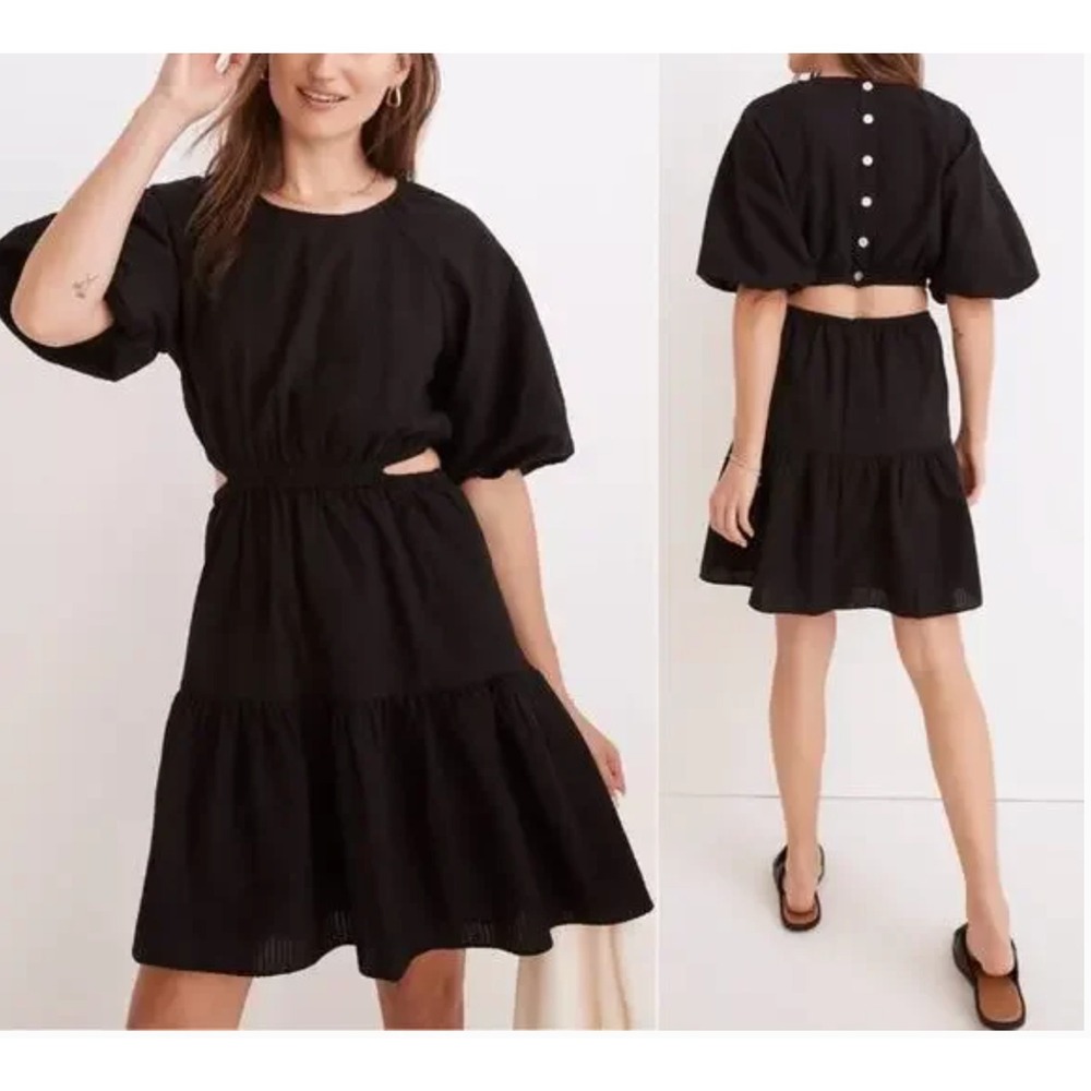 Madewell Seersucker Black Dress, Puff Sleeves, Open‎ Lower Back, Sz S